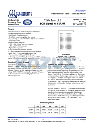 GS8662S08GE-167I datasheet - 72Mb Burst of 2 DDR SigmaSIO-II SRAM
