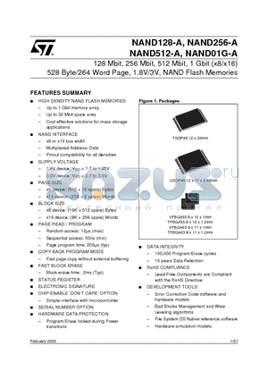 NAND01GW4A2BZB1E datasheet - 128 Mbit, 256 Mbit, 512 Mbit, 1 Gbit (x8/x16) 528 Byte/264 Word Page, 1.8V/3V, NAND Flash Memories