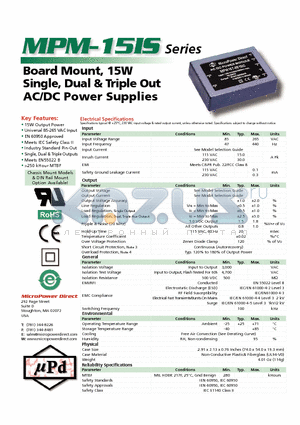 MPM-15T-0515IS datasheet - Board Mount, 15W Single, Dual & Triple Out AC/DC Power Supplies