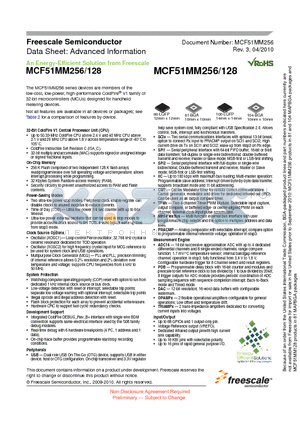 MCF51MM256VMB datasheet - low-cost, low-power, high-performance ColdFire^ V1 family of 32-bit microcontrollers (MCUs) designed for handheld metering devices.
