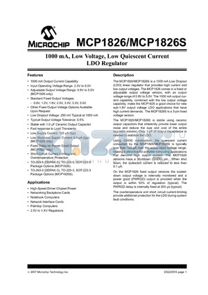 MCP1826-2502E/EB datasheet - 1000 mA, Low Voltage, Low Quiescent Current LDO Regulator