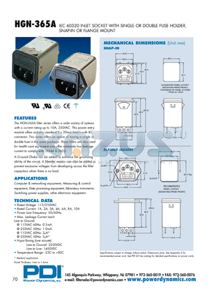 HGN-365A01W-18-1M9S datasheet - IEC 60320 INLET SOCKET WITH SINGLE OR DOUBLE FUSE HOLDER, SNAP-IN OR FLANGE MOUNT