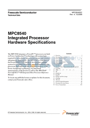 MPC8540CPX667JC datasheet - Integrated Processor Hardware Specifications