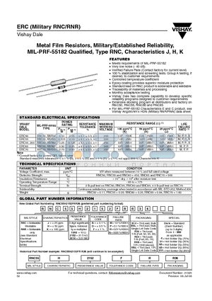RNCH10R0DSR36 datasheet - Metal Film Resistors, Military/Established Reliability, MIL-PRF-55182 Qualified, Type RNC, Characteristics J, H, K