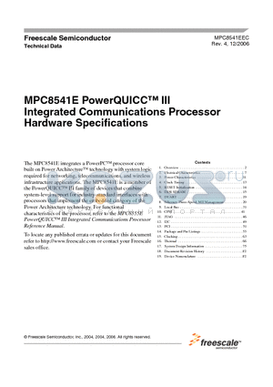 MPC8541EPXALF datasheet - PowerQUICC III Integrated Communications Processor Hardware Specifications